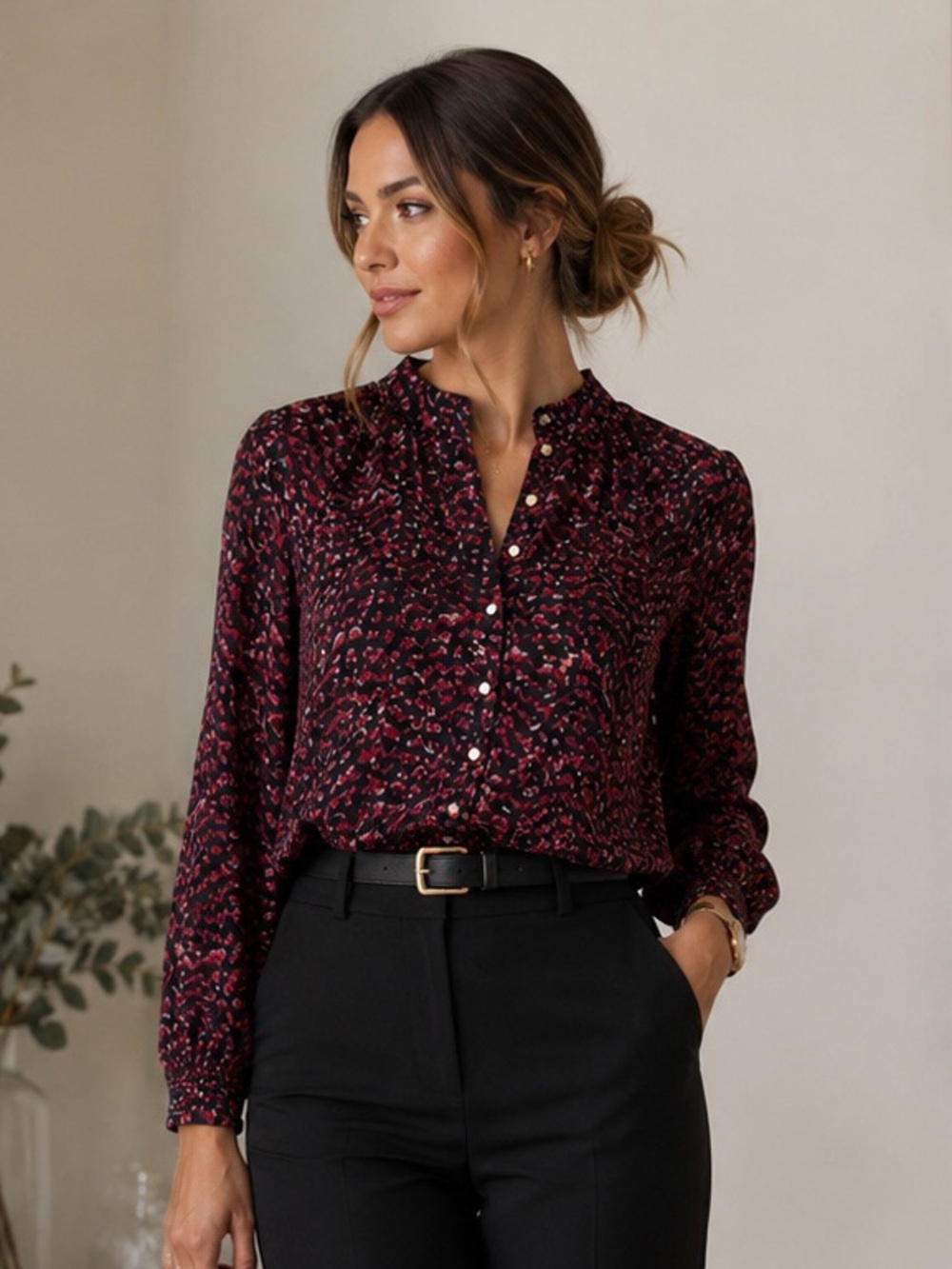 Ruffled V-Neck Burgundy Printed Button-Front Blouse